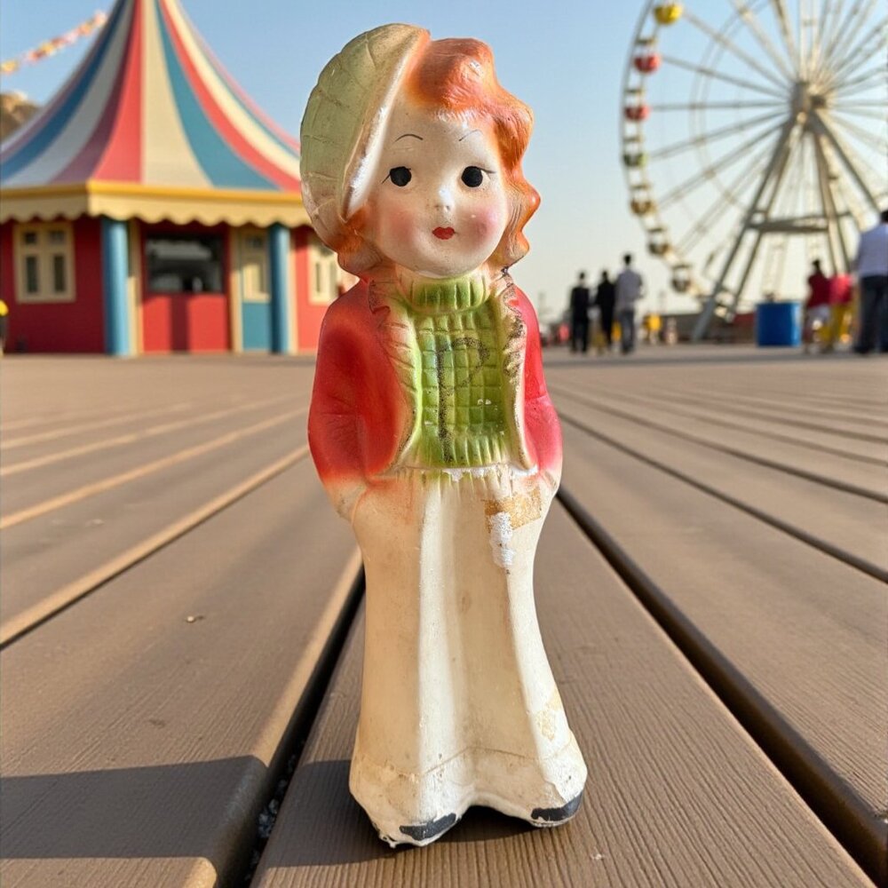 1930s Large Chalkware Carnival Prize Young girl with hat statue
